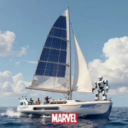 Marvel!!!!!!!! comic! style futuristic sailboat with solar sales and robot! captain!, digital art, 8k