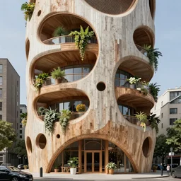 hyperrealstic photo of front view elevation of a futuristic timber building in an urban setting, the building has many balconies with hanging plants, parts of the building are covered with wooden facade that has huge holes, the wooden facade havs thick mesh, off white beige color palette, zaha hadid, frank ghery, 8 k