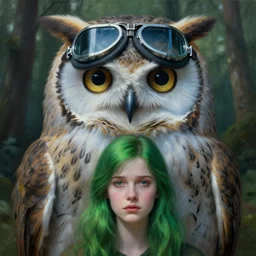 a close up portrait of a giant owl and a lonely young beautiful woman, ww 2 pilot goggles, fine facial features, symmetrical, sad, blue skin, green hair, in a forrest, inspired by edward hopper and grand budapest hotel, high resolution, octane render, high detailed masterpiece painting
