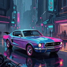 a highly detailed matte painting of a neon colored batmobile in a 1 9 6 7 ford mustang fastback, vector art, art by artgerm and greg rutkowski and alphonse mucha, cyberpunk city, rainy city streets, god rays, intricate detail, cinematic, 8 k, cel shaded, unreal engine, featured on artstation, pixiv