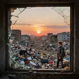 seen from broken window!! garbage dump, city is pure wasteland, sunset in background, detailed characters, alphonse mucha, greg rutkowski, trending on artstation, artgerm, breathtaking, sharp focus, smooth, mark arian, award winning, highly detailed 4 k art