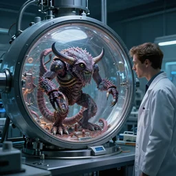 a starcraft's zerg inside his bioreactor, observed by a thin male scientist in his biotech lab, from love death and robots ( 2 0 1 9 ). coherent portrait, intricate, elegant, highly detailed, digital photo, trending on artstation, hdr photo, smooth, sharp focus