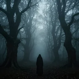 horror image of a dark, foreboding forest with twisted, gnarled trees. foggy, ethereal, dim and eerie lighting. in the foreground there should be one figure, who should be shrouded in darkness.