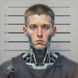 illustration of an male cyberpunk character wearing bionic implants, criminal mugshot, gritty, gritty, highly detailed, oil on canvas, soft lighting, pastel colors, by WLOP and Greg Staples, HD, 4K