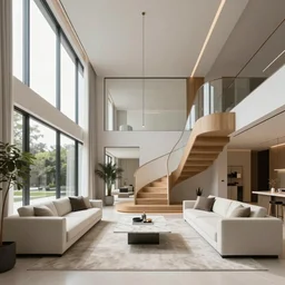 A modern style living room with floor to ceiling glass windows on the left and curved wooden stairs going upstairs on the right, two white sofas with a white marble table in the center of the living room, stairs to the second floor, 8k resolution, professional interior design photograph, wide angle photograph