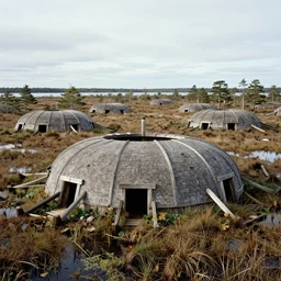the walking forts of new england, medieval mobile forts, long tall legs, swampy landscape, colorized photo