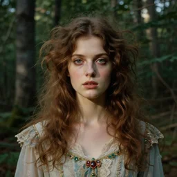 a beautiful and eerie baroque painting of a gorgeous young woman from vermont, with wild hair and haunted eyes, 1 9 7 0 s, woodland, afternoon light, delicate embellishments, painterly