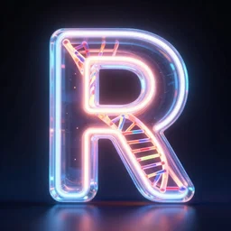 Glowing DNA inside a neon transparent 3d object of the letter \'R\' , digital art