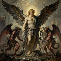 book of enoch, angels capture demons with huge chains and send them to hell, by bierstadt, trending on artstation