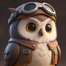 high resolution, cinematic, anthropomorphic owl character, pilot clothing, realistic detailed feathers, hat, made in 3 d, collectable statue, octane render, friendly face, sad eyes, super cute, volumetric lighting by studio ghibli and pixar