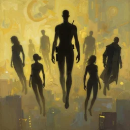 cyberpunk, many silouettes of flying people, like a group of superheroes, group, hovering, floating, atmospheric lighting, painted, intricate, golden hour, ultra detailed by peter gric, giger, enki bilal