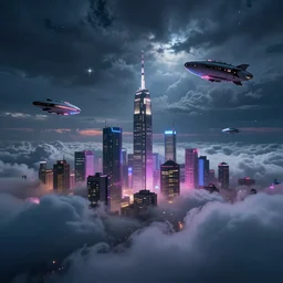 city in the clouds, beautiful art, dreamy, high detail, neon, dramatic, cinematic, clouds, moody, star ships
