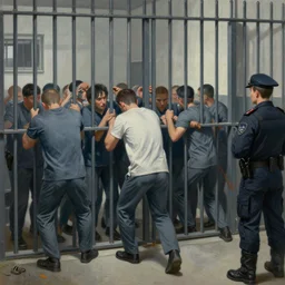 hyperrealism painting of prisoners trying to escape prison while guards are distracted