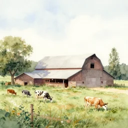 farmhouse with barn and cattle paddock by dima rebus, watercolor