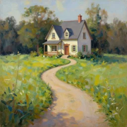 house fairytale, path in curve shape leading to the house, oil painting, hd, 8 k, trending artstation,