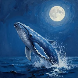 a blue whale jumping in a storm in the ocean, full moon, blue light, oil painting