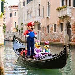 Mario as a gondola driver driving Daisy and Luigi through Venice