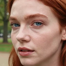close up portrait photo of the left side of the face of a redhead woman with blue eyes who looks directly at the camera. Slightly open mouth, face covers half of the frame, with a park visible in the background. 135mm nikon. Intricate. Very detailed 8k. Sharp. Cinematic post-processing. Award winning photography