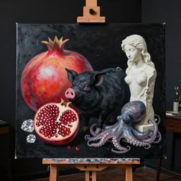 painting of a black painted canvas, on an easel in a dark room with black walls, pomegranate, a black pig - goddess, pork, octopus, large diamonds gems, stone sculpture of a girl work in progress, surrealist, oil on canvas