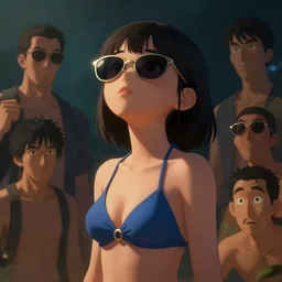 a cute girl with googles in a bikini, looking to the sky, cinematic lighting, dramatic atmosphere, artwork by dustin nguyen, akihiko yoshida, greg tocchini, greg rutkowski, cliff chiang, 4 k resolution, trending on artstation, octane render