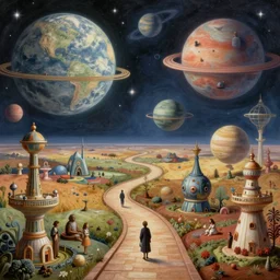 a whimsical masterpiece matte painting of a winding path into outer space sci - fi worlds, surreal planets designed by heironymous bosch, megastructures inspired by heironymous bosch, vast surreal landscapes and horizon by asher durand and cyril rolando and natalie shau and cyril rolando, insanely detailed, highly intricate, elegant, awe, worlds collide