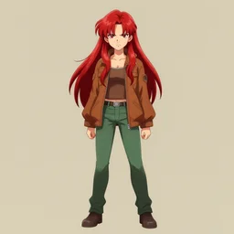 full-body shot of an attractive tomboy girl with long, crimson red hair and red eyes, wearing a brown, open jacket and green jeans with a stern look, concept art, character design, by WLOP, by Ross Draws, by Tomine, by Satoshi Kon, by Rolf Armstrong