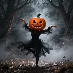 spoopy digital matte painting of dancing figure with pumpkin head illustration, fog, enchanted dark background dark contrast by android jones