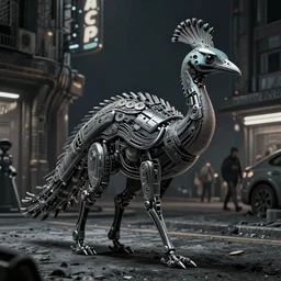 cybernetic cassowary! walking down the streets at night, non - humanoid, cyberpunk, post - apocalyptic, realistic, highly detailed, masterpiece, dark, grim, trending on artstation, award winning, lineart