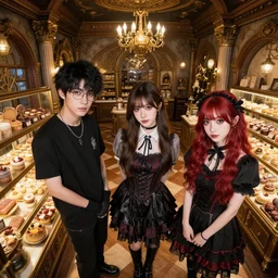 Three friends working in a magical bakery, one of the friends is a young man with glasses and black hair, the second friend is a beautiful young woman with brunette hair, the third friend is a cute goth girl with red hair without glasses, wide angle photography, highly detailed and intricate, fantasy bakery interior setting, high resolution photograph