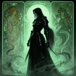 side portrait, imogen poots, deathknight, black armor, gloomhaven, soft, smooth, luminescent, art nouveau tarot, haunting, pale green backlit glow, evil inky swirly ripples, sickly colors, 8 k, by mucha, greg rutkowski, jesper ejsing, rhads, ilya kuvshinov, cushart krenz