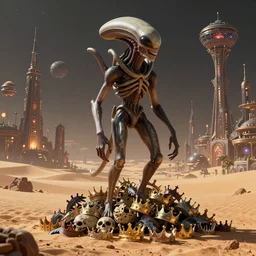 an evolution of evil, a giant alien standing in a desert, first there must be death, by antoine wiertz and noah bradley, ascension, pile of crowns, interstellar civilisation, the underground night life of occult city is booming, visually stunning, cinematic, highly detailed, blender 3 d, trending on cgsociety, 3 d render, rendered in octane