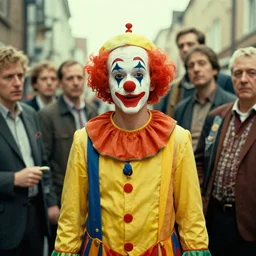 A man as a clown in a Roy Andersson movie, filmed from far and multiple character