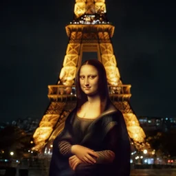 mona lisa visiting the eiffel tower at night