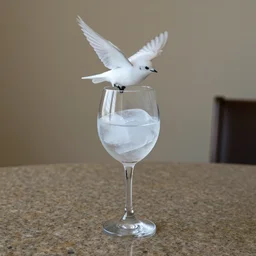 ice bird flying out of wine glass sitting on granite tabletop