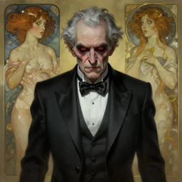 creepy old man in a futuristic tuxedo, highly detailed, digital painting, artstation, concept art, smooth, sharp focus, illustration, art by krenz cushart and artem demura and alphonse mucha and tony sandoval