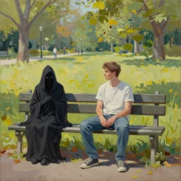 man sitting on park bench next to the grim reaper peaceful acrylic painting sunny afternoon