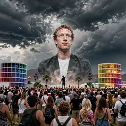 cinematic view of coachella with crowds centered around statue of mark zuckerberg, severe weather storms, ultra realistic, realism, intricate, digital art, ambient, by beksinski, by jamie hewlett, industrial art style, 3 5 mm film grain, artstation