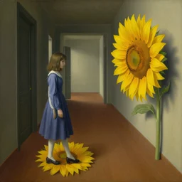 a painting of a girl walking in a hallway and suddenly finds a giant sunflower on the floor blocking her way, surreal painting by rene magritte