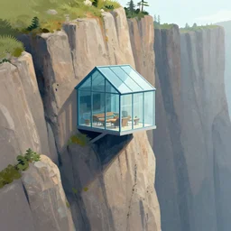 guy billout illustration of a glass house built on the side of a vertical cliff
