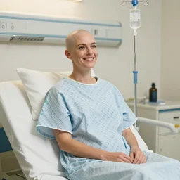 medium shot, photo of a beautiful bald 4 0 year old woman hospital patient sitting in a hospital room, wearing a hospital gown, with an iv drip, hopeful. studio lighting, 3 5 mm, marketing photo by charlie waite, max rive, caroline foster.