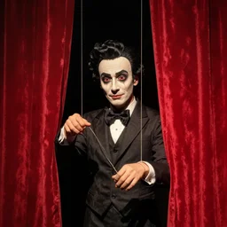 puppet master in tuxedo behind red curtains, hand puppet strings, dark ambiance, realism