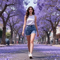 a beautiful woman walking among the jacarandas, style artstation, style greg rutkowsk, octane render, unreal engine 6, epic game graphics, fantasy, cyberpunk, conceptual art, ray tracing