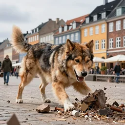 photo of a giant dog destroying copenhagen