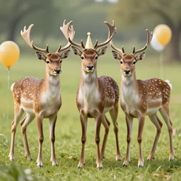 three deers having a cool birthday party, photorealistic, highly detailed