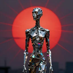 realistic 8k Alberto Giacometti Sculpture of random jagged reflective metal pieces forming the shape of a person silhouetted by a bright red sun, volumetric god rays, glinting metal, neon colors, cyberpunk, smooth, sharp focus, 24mm lens, DOF, hyper realistic, art by Greg Rutkowski and Ruan Jia and Giger