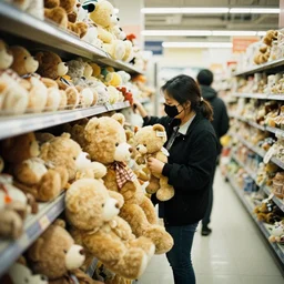 Teddy bears in queue in a grocery store, 35mm photography