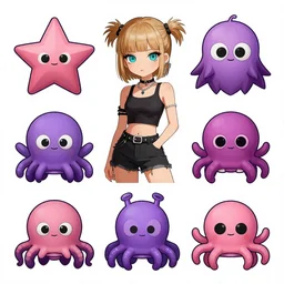lisa frank punk rockstar vampire squid concept character designs of various shapes and sizes by genndy tartakovsky and splatoon by nintendo for the new hotel transylvania