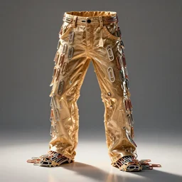 dripping melting pants made from melted paperclips, liquid pants, dripping down leg, natural lighting, photo realistic