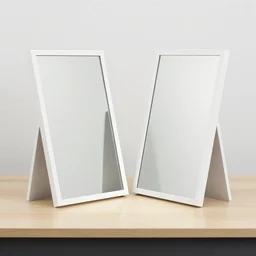 two mirrors with a white frame standing at angle parallel closely to each other refracting each other recursively on a table, octane render 8 k
