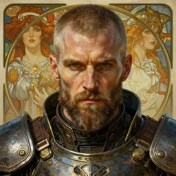 realistic detailed face portrait of a grizzled futuristic viking warrior in heavy cyberpunk armor by alphonse mucha, ayami kojima, amano, greg hildebrandt, and mark brooks, male, masculine, art nouveau, cyberpunk, neo - gothic, gothic, character concept design